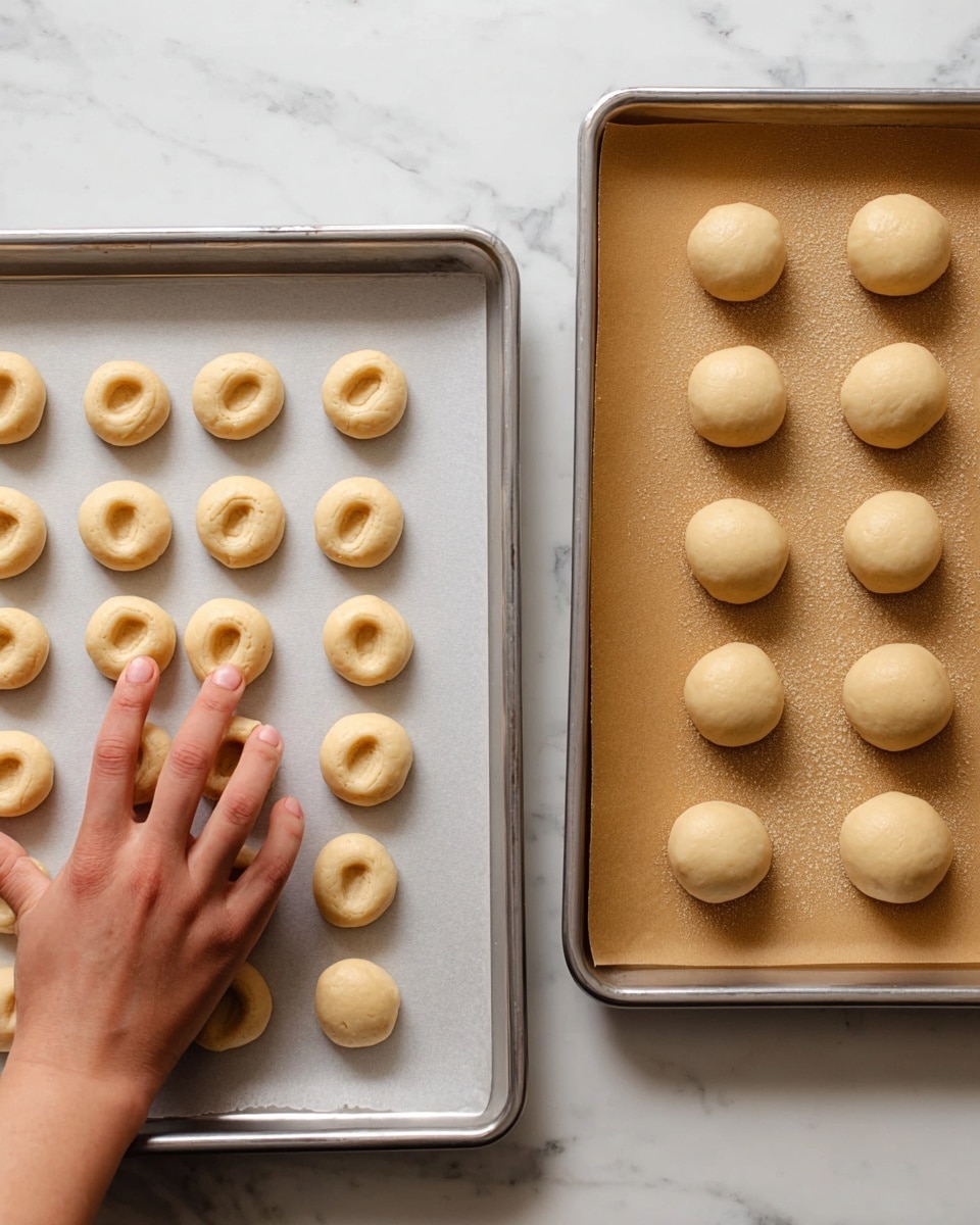 The image shows small round cheesecake bites arranged on a wooden board with a white marbled background. Each cheesecake bite has three layers: the bottom crumbly golden-brown crust, the middle creamy white cheesecake layer, and a glossy amber-colored jam topping. On top of the jam, there is a small green herb leaf for garnish. A woman's hand is gently placing jam on one cheesecake bite in the background. Small green herb sprigs are scattered around the board. The light is soft and warm, with blurred candles in the background. photo taken with an iphone --ar 4:5 --v 7