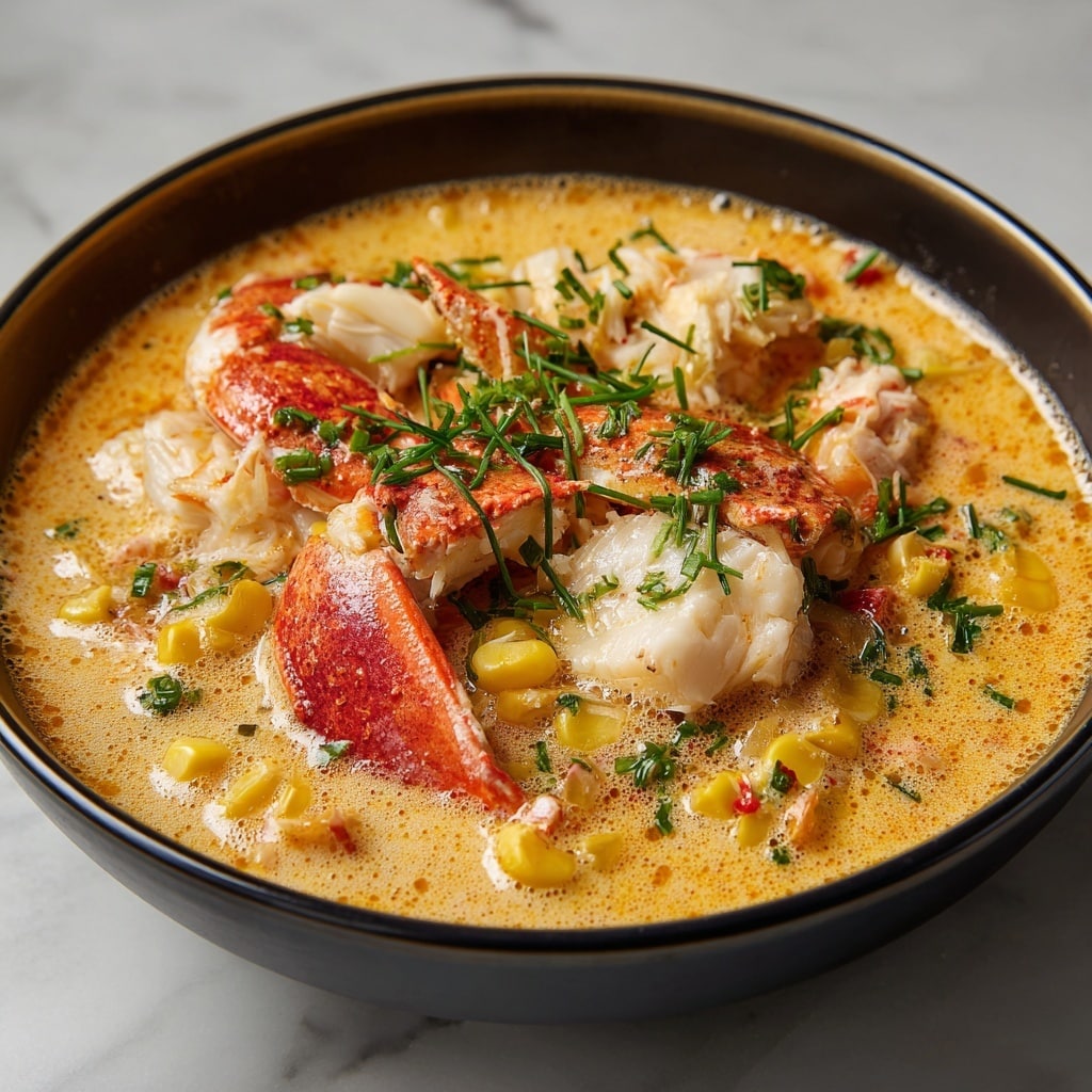 A close-up of a creamy seafood chowder served in a white bowl filled with three main layers: a thick, light yellow creamy broth with small bubbles and herbs, a middle layer of bright yellow corn kernels and finely chopped green herbs scattered throughout, and a top layer featuring large pieces of red lobster claw meat, white shrimp sprinkled with paprika, and a few delicate green dill sprigs adding texture and color contrast, all set against a white marbled surface. photo taken with an iphone --ar 4:5 --v 7