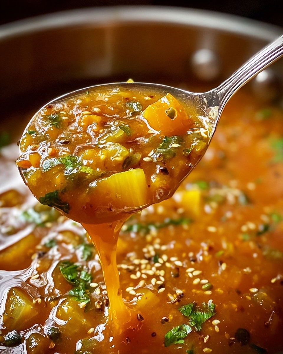 A close-up view of a silver spoon lifting a thick, chunky orange-colored soup or stew from a metal pot, showing visible pieces of yellow vegetables, green herbs, and small seeds or spices scattered throughout the liquid, with more of the soup being poured into the spoon from above, all set against a white marbled texture background. photo taken with an iphone --ar 4:5 --v 7