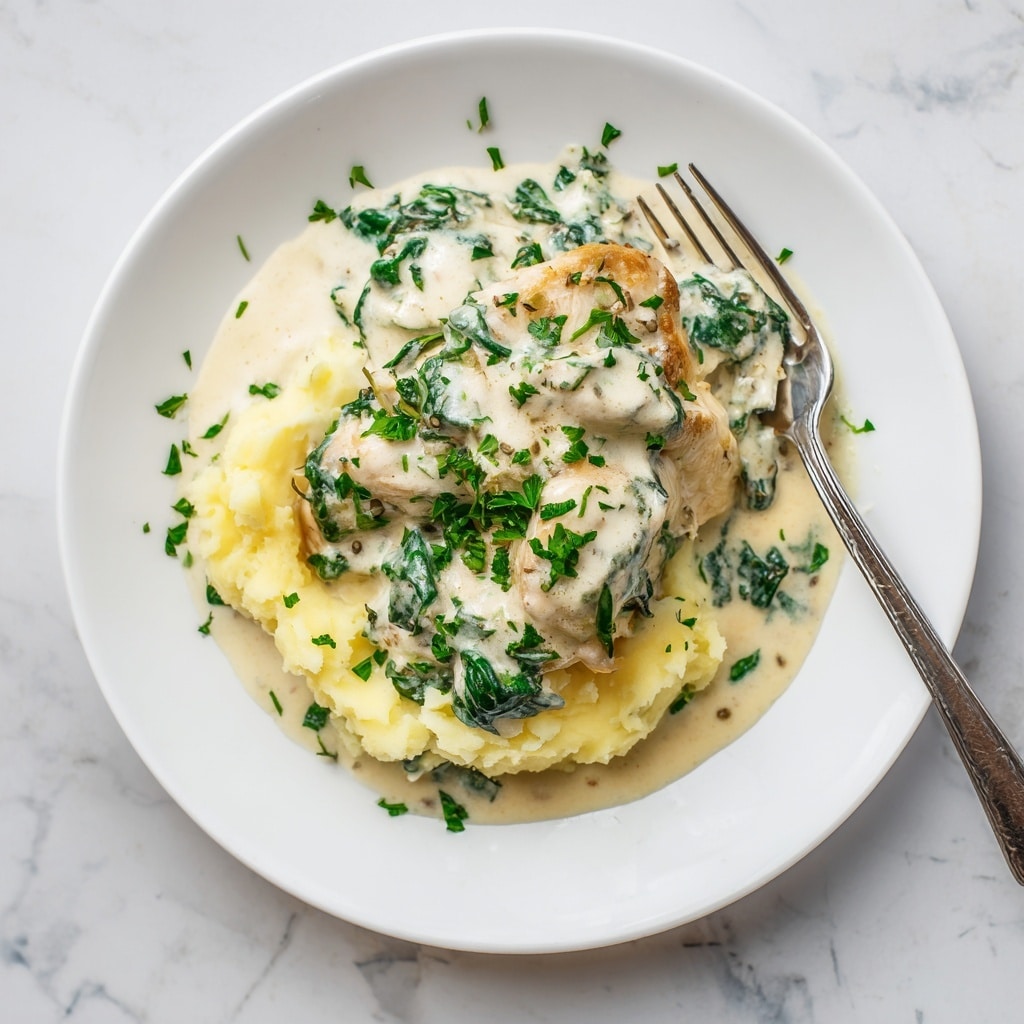 The image shows a white plate with a dish made of several layers, placed on a white marbled surface. The bottom layer is creamy mashed potatoes, smooth and pale yellow in color. On top of that sits a piece of chicken covered in a thick, white sauce with a creamy texture. Scattered within the sauce are cooked green spinach leaves, adding color and softness. The dish is sprinkled with finely chopped green herbs, mostly parsley, for a fresh look. A silver fork is placed on the plate's right side. The photo taken with an iphone --ar 4:5 --v 7