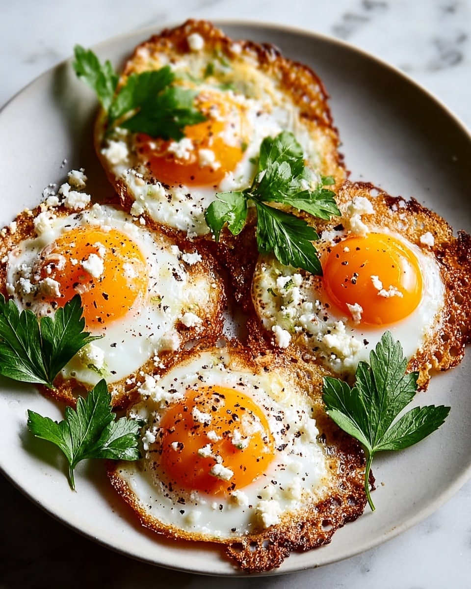Two sunny-side-up eggs with bright yellow yolks sit on a white plate, their edges crispy and golden brown. The eggs are topped with crumbled white cheese scattered unevenly over the egg whites, adding texture and contrast. Fresh green parsley leaves are sprinkled on top, along with small red chili flakes, giving the dish pops of color. The plate rests on a white marbled surface. photo taken with an iphone --ar 4:5 --v 7