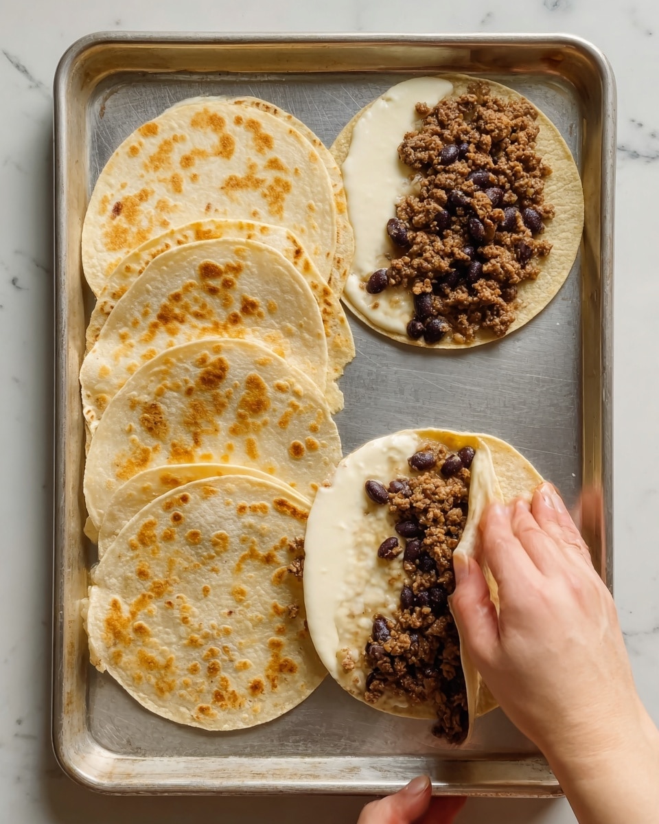 The image shows four tacos arranged in a circle on a white plate placed over a white marbled surface. Each taco has a golden-brown grilled shell filled with dark, cooked ground meat and some melted cheese visible inside, creating a textured and juicy look. On top of the tacos, there are dollops of light green creamy sauce, which also fills a small white bowl beside the plate with a spoon resting in it. A few fresh green cilantro leaves are scattered on the plate as garnish. Photo taken with an iphone --ar 4:5 --v 7