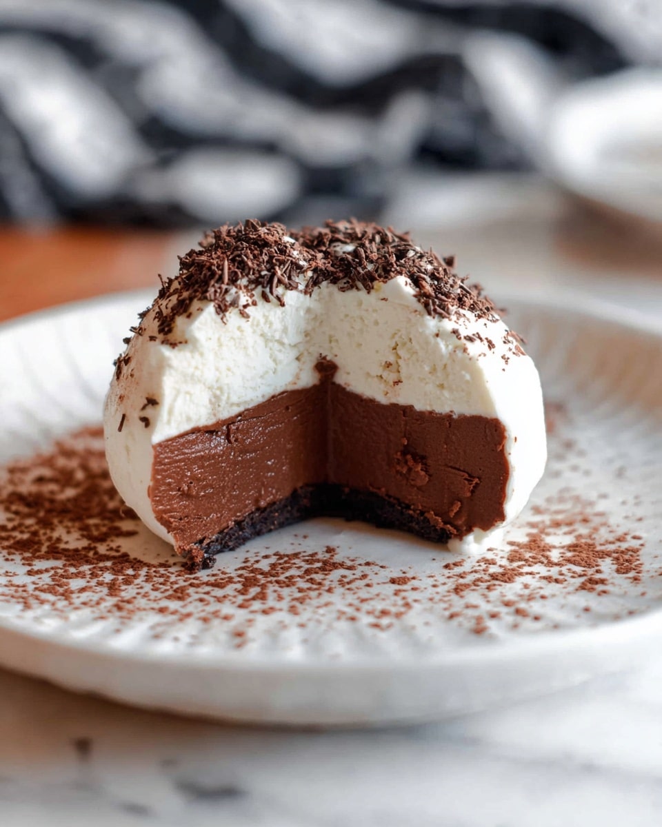 A close-up of a round dessert cut in half, showing two layers: a smooth, dark brown chocolate layer in the middle with a rich and dense texture, surrounded by a thick outer layer of soft, white cream that looks slightly fluffy and smooth. The top of the dessert is sprinkled with fine dark brown cocoa powder. It sits on a white plate with a raised edge and scattered cocoa powder around it. The background has a white marbled texture and a black and white blurred fabric pattern behind. Photo taken with an iphone --ar 4:5 --v 7