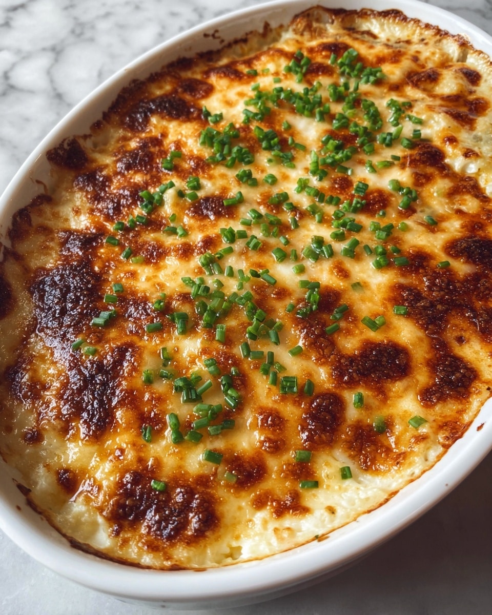 A white round dish filled with a creamy, cheese-topped baked dip, showing a thick golden brown crust with some darker toasted spots. The top layer is melted cheese mixed with chopped green herbs scattered evenly. A woman's hand lifts a thick scoop, revealing stretchy, gooey melted cheese strings and a soft, creamy cheese layer beneath the browned top. The background is a white marbled texture. photo taken with an iphone --ar 4:5 --v 7