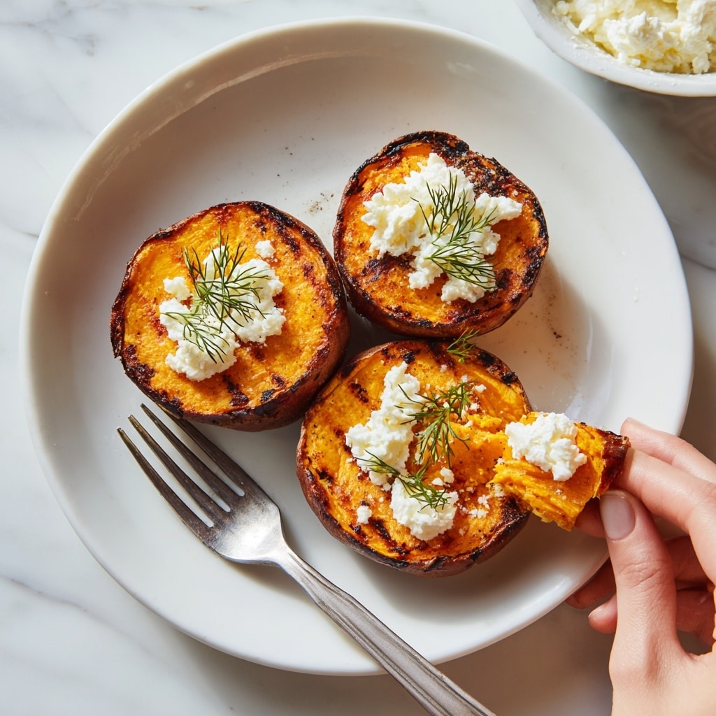 This image shows a white rectangular plate with eight small rounds of grilled orange sweet potato slices, each about one layer thick, with charred grill marks on top. Each sweet potato round is topped with a small dollop of white crumbled cheese and sprinkled with finely chopped green herbs. The plate is drizzled with a golden honey glaze that pools around the sweet potatoes, creating a shiny effect. Fresh green herb sprigs are scattered decoratively on the plate and the white marbled surface beneath. In the background, a small clear glass bowl with honey and a wooden honey dipper are softly blurred. Photo taken with an iphone --ar 4:5 --v 7