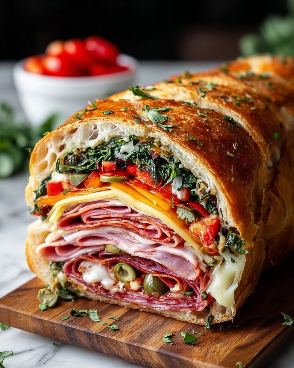 A tall sandwich with multiple layers sitting on a white wooden board over a white marbled surface. The sandwich has at least four thick layers of soft bread with a fluffy crust, slightly toasted on the outside. Between the layers are thin slices of bright pink ham, slices of red roasted peppers, melted yellow cheese oozing gently, and some sprinklings of chopped green herbs on top. The texture shows gooey cheese mixing with the moist ham and the soft, airy bread. A woman's hand is slightly touching the top layer of the sandwich. Photo taken with an iphone --ar 4:5 --v 7