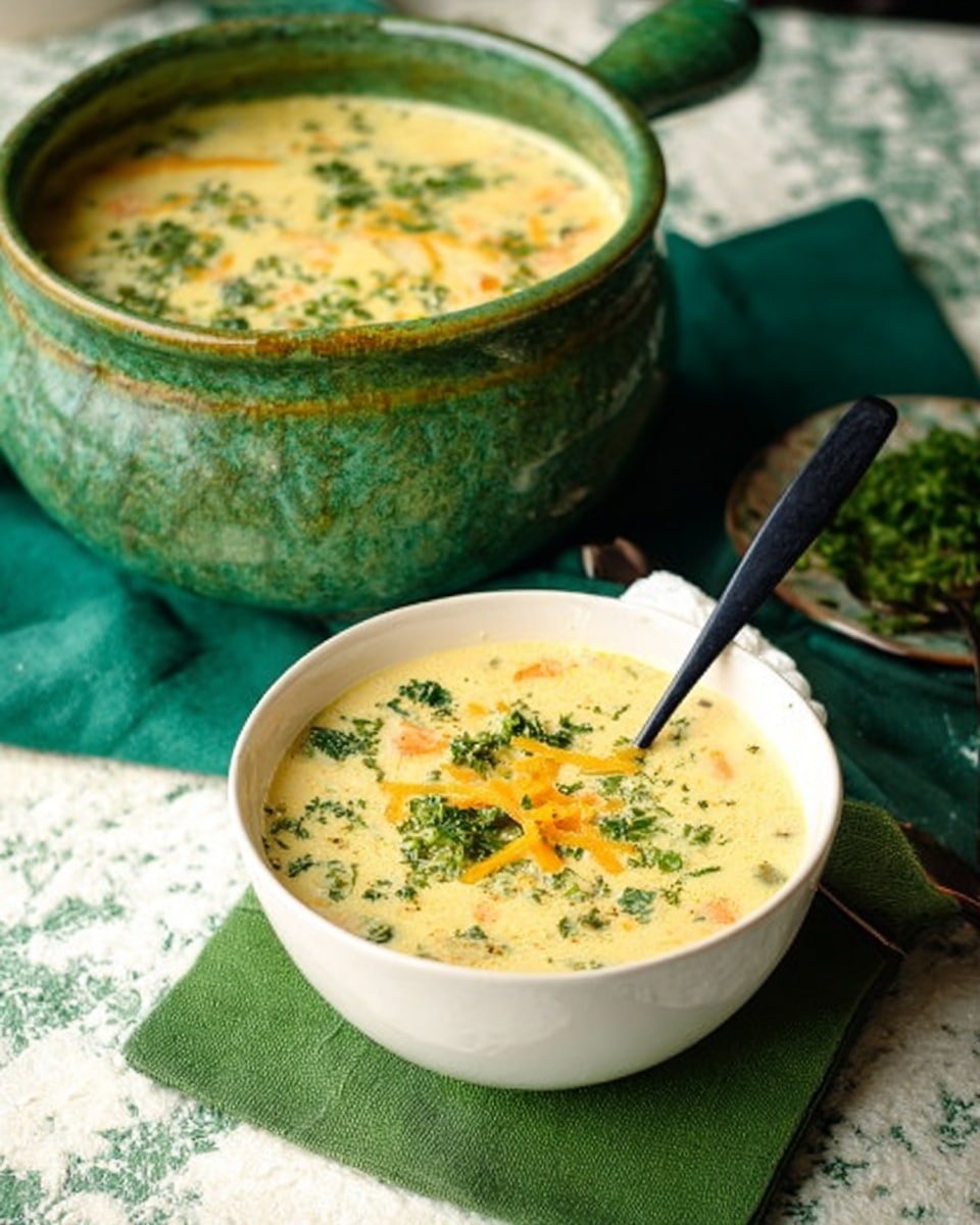 The image shows a close-up of a ladle holding a creamy soup filled with golden yellow cheese sauce, small green broccoli florets, and thin slices of onions. The soup has a smooth texture with tiny green herb specks scattered throughout. The ladle is partially dipped into a bowl with a white interior, resting on a white marbled surface in soft lighting. Photo taken with an iphone --ar 4:5 --v 7