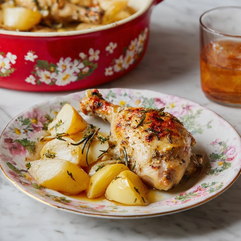 This image shows a black pot filled with cooked chicken thighs browned on top, sitting in a creamy light yellow sauce. Thin, pale yellow apple slices are mixed with the chicken, scattered evenly throughout the dish creating soft layers. Bright green thyme sprigs and a couple of light brown bay leaves rest on top as garnish. The pot is placed on a wooden board over a white marbled surface, with a green apple in the background. The sauce looks smooth and thick, coating the chicken and apples gently. Photo taken with an iphone --ar 4:5 --v 7