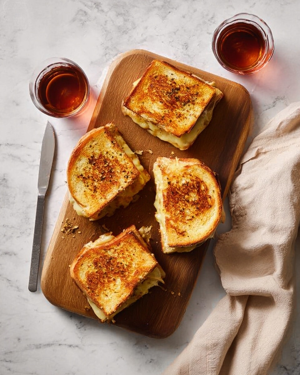 The image shows two grilled cheese sandwiches on a white marbled surface placed on a wooden board lined with parchment paper. Each sandwich is cut into a half oval shape with golden brown toasted bread that has visible herbs and spices spread on top. The melted cheese is slightly oozing out between the thick slices of bread, with a bubbly and crispy crust on the edges. A knife with a wooden handle rests diagonally at the bottom of the board, and a gray cloth is partially visible on the left side. The overall look is warm and crispy, highlighting the toasted texture of the bread and gooey cheese inside. photo taken with an iphone --ar 4:5 --v 7