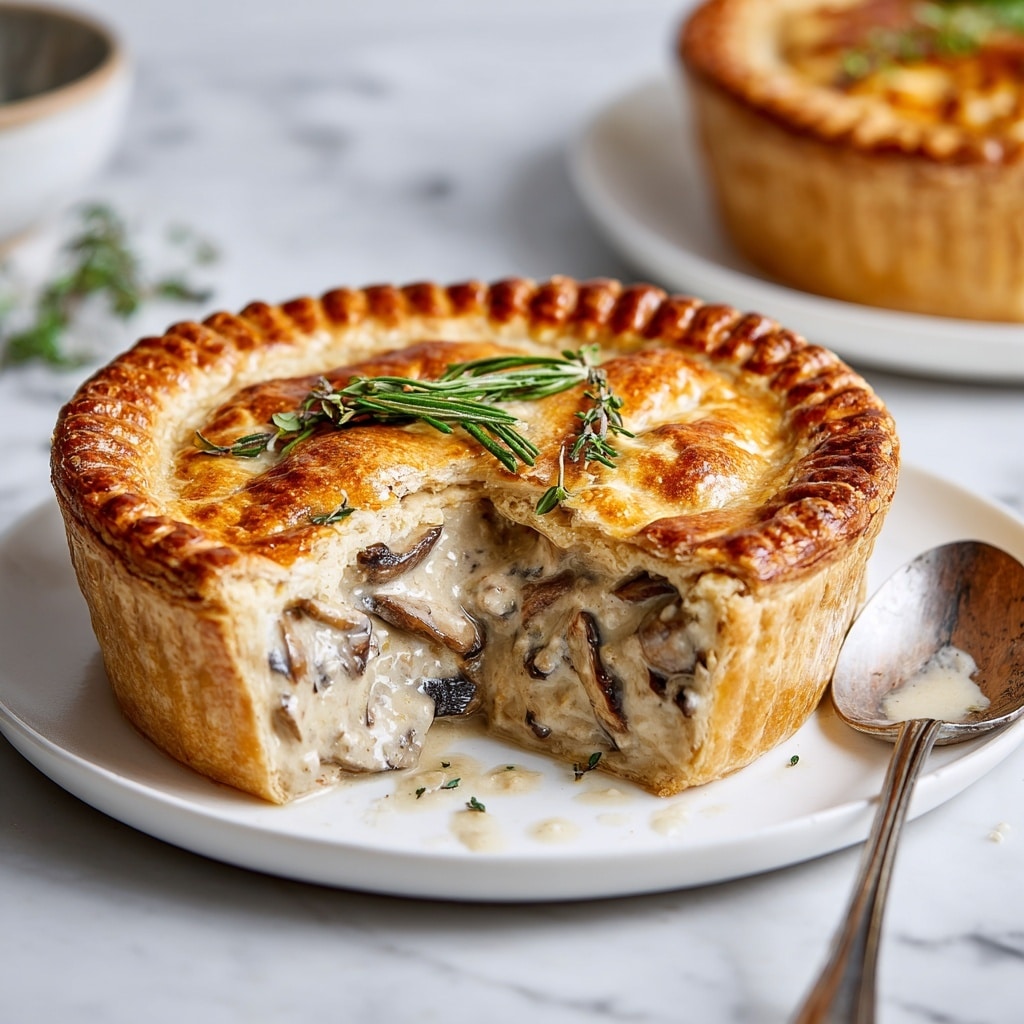 The image shows a white round pie dish filled with a creamy chicken and mushroom pot pie. The pie has a thick, golden-brown, flaky crust that covers the top completely with some decorative leaf shapes on the upper crust. One large slice is cut out, revealing the creamy filling inside made of chunks of white chicken, sliced mushrooms, and bits of bacon in a light, smooth sauce. The dish sits on a white marbled surface with a blue and white striped cloth partially under the plate. Fresh green herbs and black peppercorns are scattered around the scene, adding color contrast. Photo taken with an iphone --ar 4:5 --v 7