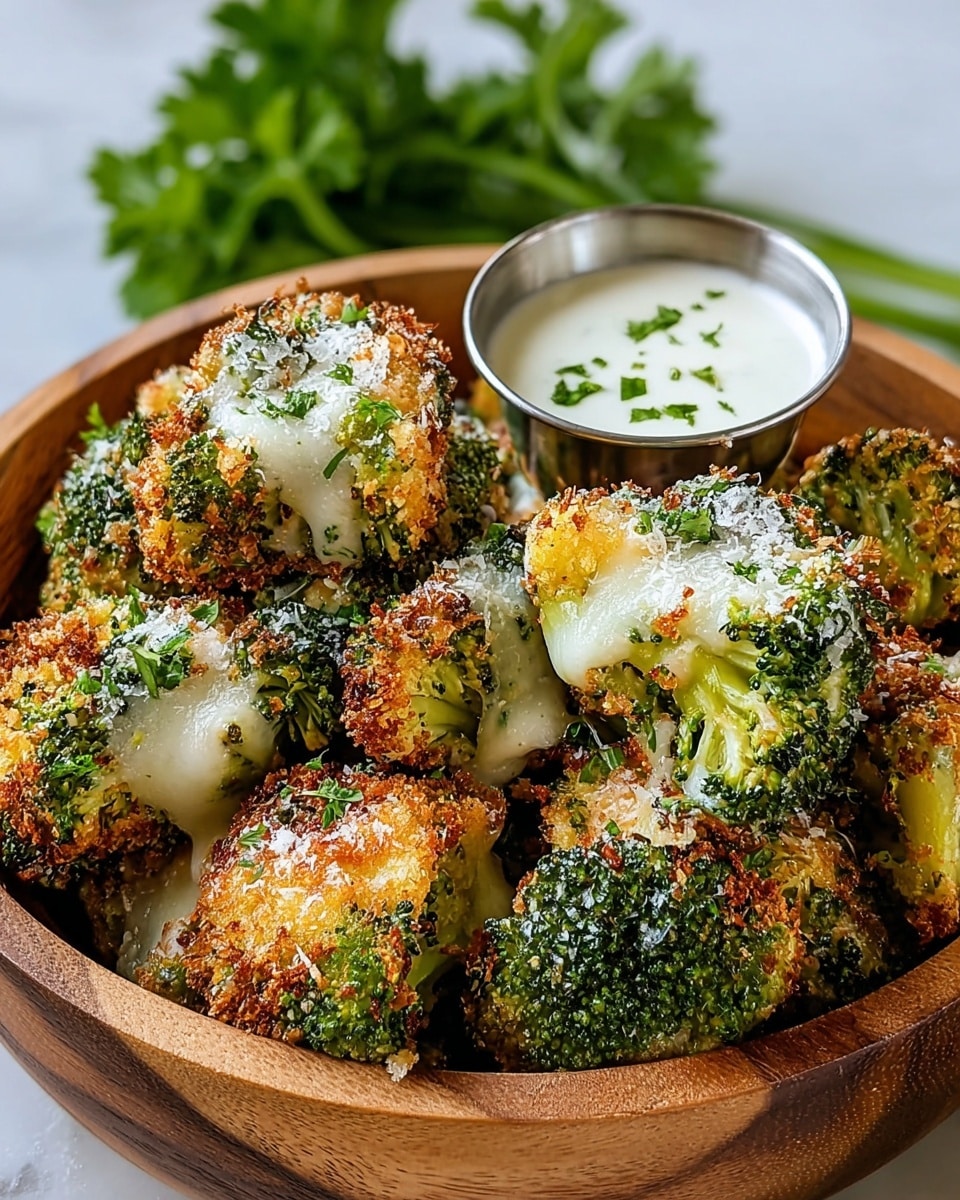 A wooden tray holds a pile of golden-brown fried broccoli pieces with a crispy texture, each piece showing vibrant green broccoli inside a crunchy coating. They are arranged around two small white bowls filled with creamy white dipping sauce topped with small green herb sprigs. Fresh green parsley sprigs are scattered in between the broccoli pieces, adding bright color. A lemon wedge is partially visible in the background against a white marbled surface. photo taken with an iphone --ar 4:5 --v 7