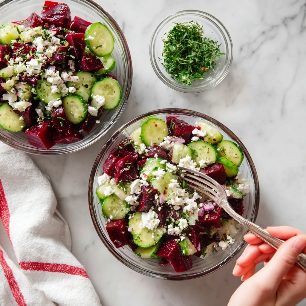 A close-up view of a white bowl filled with a fresh salad composed of three main layers: the base layer has thick, round slices of green cucumber with a smooth skin and moist texture; the middle layer contains deep red triangular chunks of beetroot with a slightly shiny surface; the top layer is scattered with irregular small white chunks of creamy feta cheese sprinkled with black pepper, along with green dill sprigs adding a delicate touch. The bowl rests on a white marbled surface. photo taken with an iphone --ar 4:5 --v 7