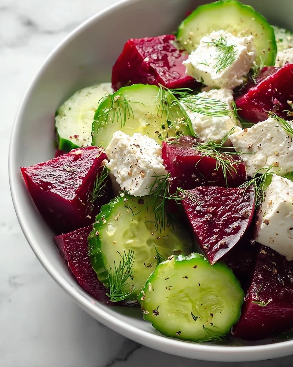 The image shows two clear glass bowls filled with a colorful salad on a white marbled surface. Each bowl contains layered pieces of dark red beetroot chunks, bright green cucumber slices with skin, crumbled white cheese scattered on top, and small black olive pieces mixed throughout. A woman's hand is reaching into one bowl with a silver fork, and a small glass bowl with fresh green herbs is placed nearby. A white cloth with red stripes lies under the bowls, adding a soft background texture. Photo taken with an iphone --ar 4:5 --v 7