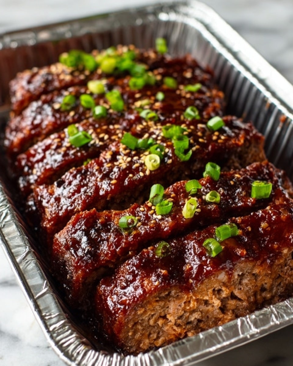 The image shows a glass baking dish filled with a dark brown glazed meatloaf with a shiny texture, topped with white sesame seeds and small chopped green chives scattered evenly on the surface. The dish is placed on a white marbled textured table with large green tropical leaves around it. In the background, there is a stack of white plates on a woven mat with wooden fork and spoon resting on top. The lighting is natural and bright, highlighting the rich glaze and fresh garnish on the meatloaf. photo taken with an iphone --ar 4:5 --v 7