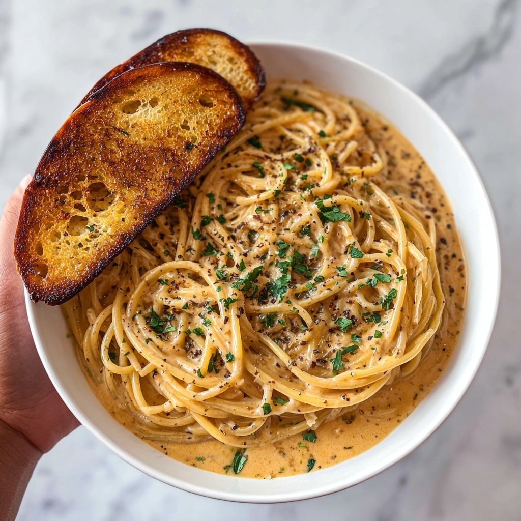 A skillet filled with a large amount of cooked spaghetti coated evenly with a reddish-orange sauce, likely tomato-based with spices. The pasta strands are mixed with small bits of what looks like mushrooms or ground meat, giving texture variety. Small green herb pieces, possibly parsley, are scattered on top, adding a pop of color. The skillet is sitting on a white marbled surface with a woman's hand grasping the skillet handle from the left side of the image. Photo taken with an iphone --ar 4:5 --v 7