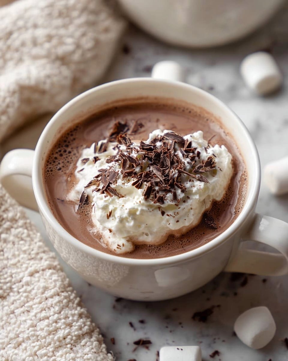 A white cup filled with light brown hot chocolate, topped with a thick, fluffy layer of white whipped cream sitting in the center. Dark brown chocolate shavings are spread over the whipped cream and some fall onto the surface of the hot chocolate around it. The cup is placed on a white marbled texture with a light beige woven cloth nearby and a few small white marshmallows scattered loosely around. photo taken with an iphone --ar 4:5 --v 7