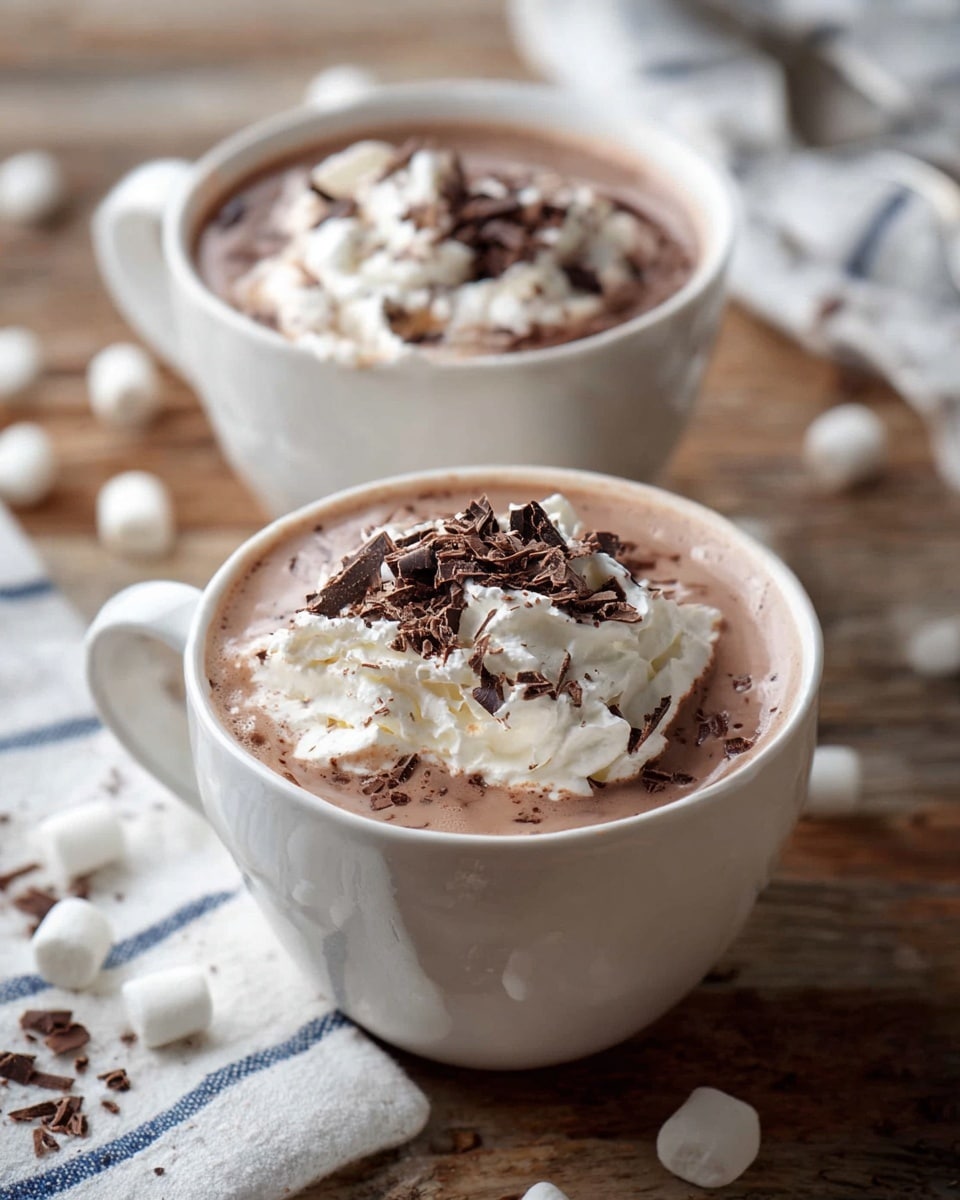 Two white cups filled with smooth light brown hot chocolate sit on a wooden surface. Each cup is topped with a large dollop of creamy white whipped cream, sprinkled with dark chocolate shavings that add texture and contrast. Around the cups, a few mini white marshmallows are scattered, and part of a white cloth with blue stripes is visible to the side. The background is softly blurred, keeping the focus on the rich, inviting drink. photo taken with an iphone --ar 4:5 --v 7