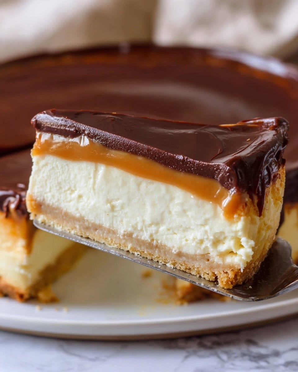 A dessert pie with three visible layers on white parchment paper inside a white dish; the bottom layer is a light golden brown crust that looks firm, the middle layer is creamy and white, thick and smooth in texture, while the top layer is a dark, rich chocolate coating that has a shiny and slightly wavy surface; one slice is cut out, showing the neat layers inside, and a small piece of the dessert is placed outside the dish on the white marbled surface underneath the dish; a soft beige cloth is in the background photo taken with an iphone --ar 4:5 --v 7