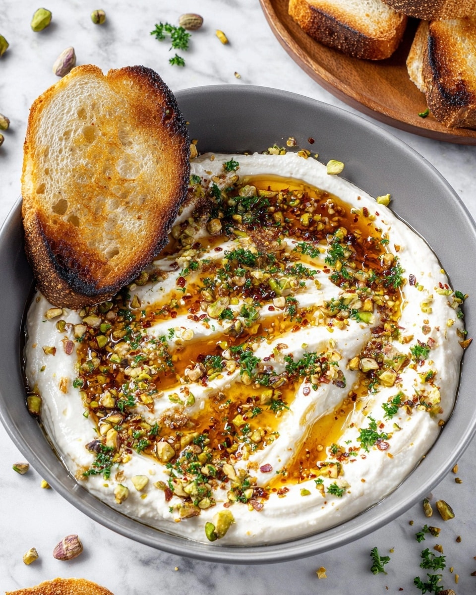 The image shows a gray bowl filled with a thick, white creamy base spread evenly as the first layer. On top of the cream, there are three diagonal streaks of golden-brown olive oil mixed with red chili flakes and small green herb pieces, creating a textured and slightly glossy middle layer. Scattered on this are small chopped pistachios and finely chopped parsley, adding green and nutty textures in the top layer. A toasted bread slice with a golden-brown crust and light, airy interior is placed standing upright on one side of the bowl. The bowl is set on a white marbled surface with some chopped pistachios and parsley around, as well as additional toasted bread slices on a wooden plate partially visible in the background. Photo taken with an iphone --ar 4:5 --v 7