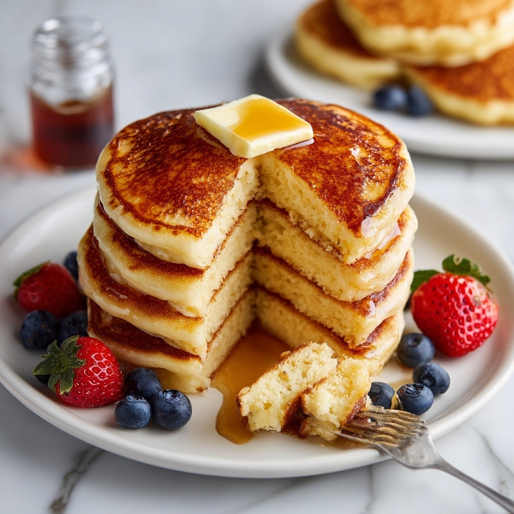 A stack of four thick, golden brown pancakes with slightly crispy edges sits in the center of a white plate with a subtle speckled texture. The pancakes are moist and fluffy, with syrup slowly dripping down the sides in a rich amber color. On top, there are fresh red raspberries and dark blue blueberries dusted lightly with powdered sugar. Some berries also rest on the plate around the stack. The background is a white marbled texture that contrasts softly with the warm colors of the pancakes and fruit. photo taken with an iphone --ar 4:5 --v 7