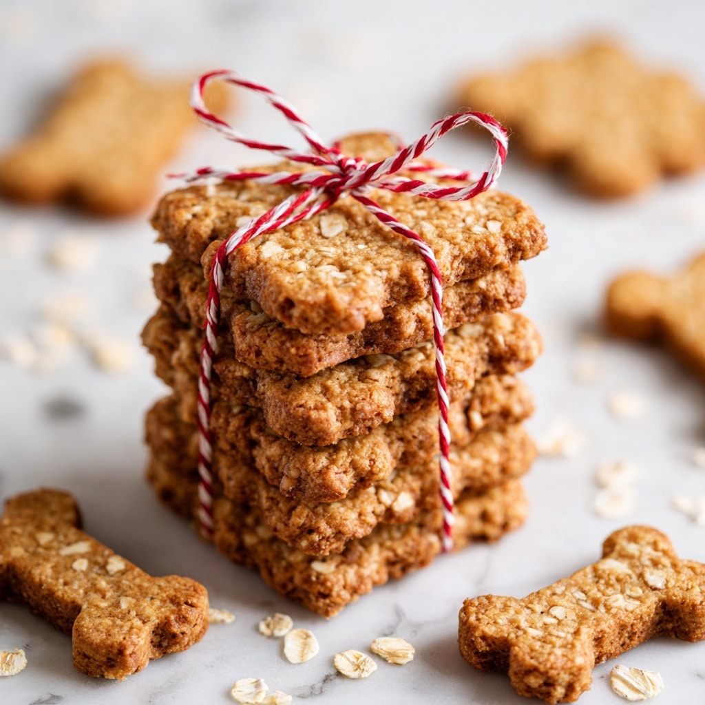 A stack of six square golden-brown oat cookies tied together with a red and white striped string sits on a white marbled surface. Around the stack, there are scattered oat flakes and more cookies flat on the surface. A silver cookie cutter shaped like a dog bone leans on the cookies in the background, adding detail. The cookies have a rough texture with visible oats and small cracks. The photo shows the cookies in warm natural light, making them look fresh and crunchy. Photo taken with an iphone --ar 4:5 --v 7