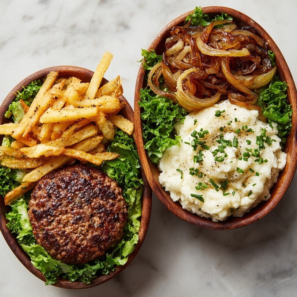 A wooden bowl is filled with four main layers of food arranged side by side on a bed of green leafy lettuce; on the left is a round, browned beef patty with a slightly crispy texture, next to it on the right are golden French fries, then beside the fries are caramelized onion slices with a shiny, dark brown glaze, and finally, creamy white mashed potatoes topped with chopped green herbs and black pepper at the bottom right. The bowl is placed on a white marbled surface, and the overall image has a cozy, rustic feel. photo taken with an iphone --ar 4:5 --v 7