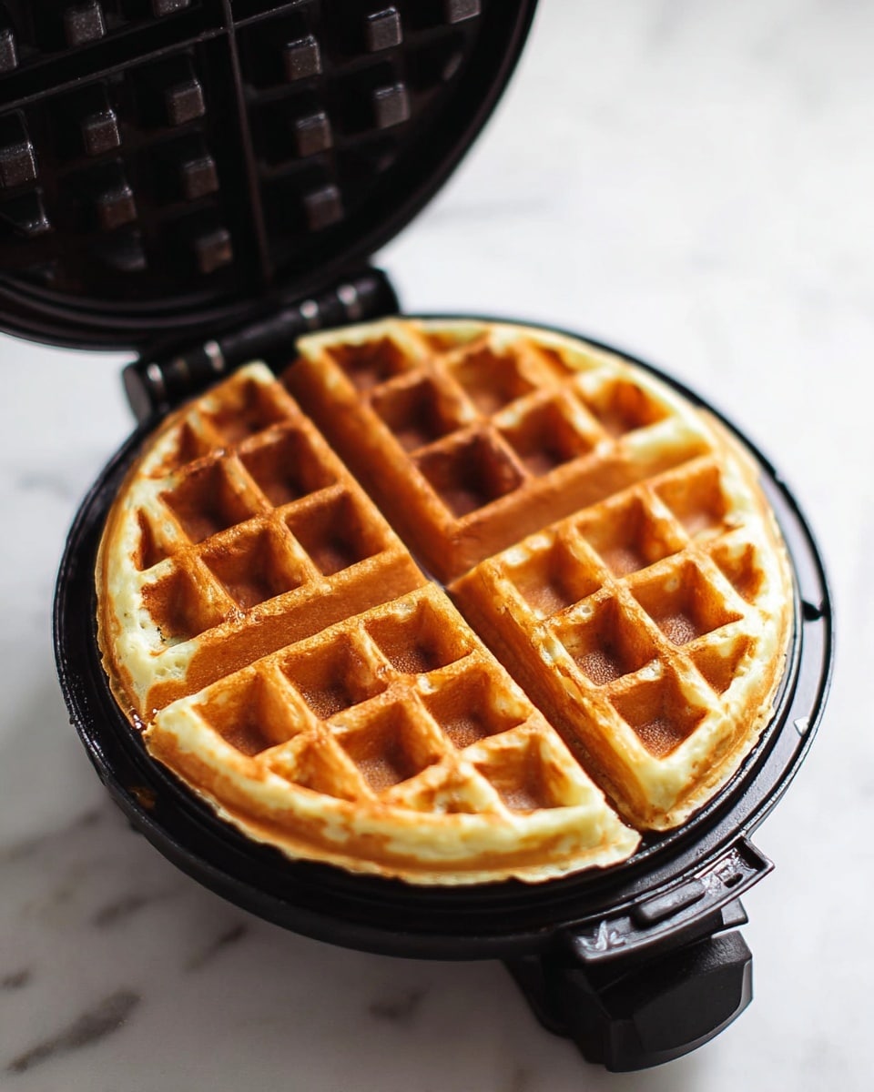 A stack of four thick, golden-yellow waffles is placed on a white plate with black specks, all on a white marbled surface. The top waffle has a large bite taken out of it, revealing its soft, fluffy inside with a slightly uneven texture. Light brown syrup with visible vanilla specks spreads around the base of the waffles on the plate, giving a glossy, slightly sticky look. A silver fork rests on the plate’s left edge, touching the waffles. The scene focuses closely on the waffles, showing their grid pattern and soft texture. photo taken with an iphone --ar 4:5 --v 7
