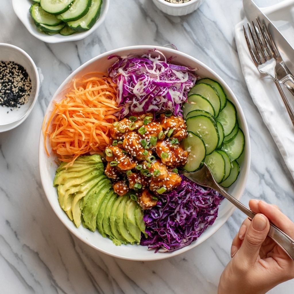 A white bowl filled with colorful layers of food on a white marbled surface. The bowl contains a base of white rice, topped with a layer of grilled chicken pieces coated with a light sauce and sprinkled with black sesame seeds and chopped green onions. Around the chicken, there are thin slices of bright green cucumber, bright orange shredded carrots, green edamame beans, and finely sliced purple cabbage, each arranged in separate sections to create a vibrant, fresh look. A silver fork held by a woman's hand is stuck into a piece of chicken. photo taken with an iphone --ar 4:5 --v 7