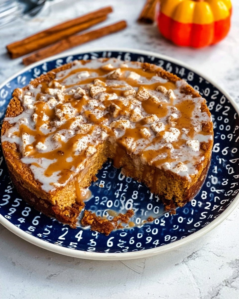 A close-up of two thick, square slices of pumpkin blondie stacked on a white round plate with a textured edge. The blondies have a dense, moist texture with visible chunks of white chocolate or nuts mixed inside, and a slightly cracked, golden-brown crust on top showing swirls of cinnamon or spice. The background includes a white marbled surface, a silver fork resting on the plate’s right, a cinnamon stick, a small pumpkin decoration, and a blurred white bowl with a blue-striped cloth behind the plate. Photo taken with an iphone --ar 4:5 --v 7