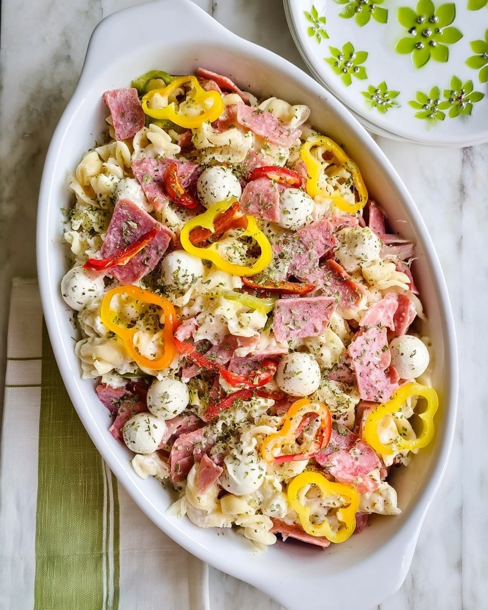The image shows a white oval dish filled with a colorful pasta salad. The base layer consists of white twisted pasta mixed with small white mozzarella balls. On top, there are pink pieces of sliced salami and light pink chunks of ham. Scattered around are bright yellow banana pepper rings and thin slices of red bell pepper. The salad is sprinkled with dried herbs, adding specks of green throughout. The dish sits on a white marbled surface next to a white plate with green flower decorations. photo taken with an iphone --ar 4:5 --v 7