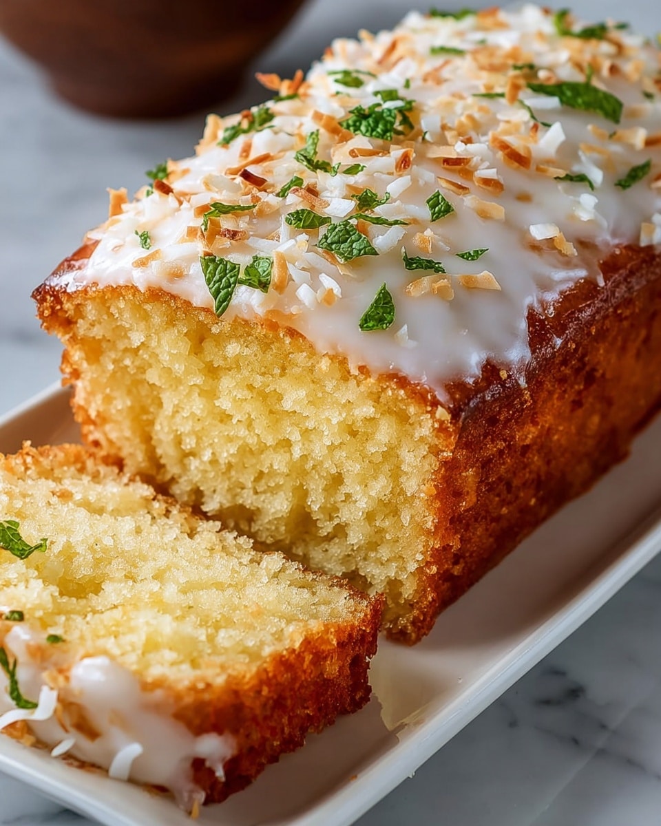 A close-up of a moist yellow cake with a golden-brown crust, cut to show its soft and fluffy inside texture. The top layer is covered with a smooth white icing, sprinkled generously with toasted coconut flakes that are light brown and white, and small green mint leaves scattered on top. The cake sits on a white rectangular plate, placed on a white marbled surface. Photo taken with an iphone --ar 4:5 --v 7