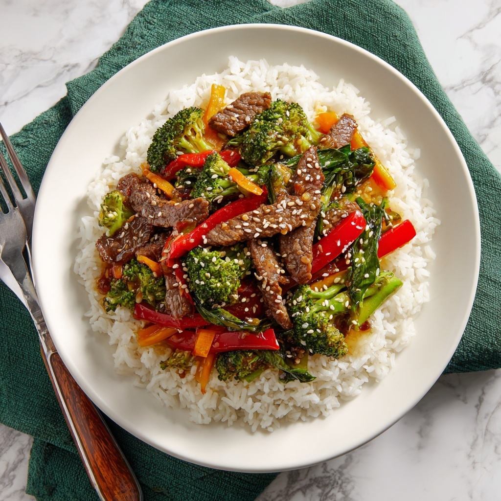 A large black pan filled with a colorful beef stir-fry containing three main layers: the bottom layer has thin brown beef strips cooked with a slight shine, the middle layer includes bright green broccoli florets mixed with light yellow baby corn and red bell pepper strips, and the top layer is sprinkled with fresh sliced green onions and white sesame seeds. A light wooden spatula is placed under some beef and vegetables in the pan. To the top right of the pan, a white bowl filled with cooked white rice is visible, and to the top left, a small black dish holds more chopped green onions, all set on a white marbled surface. Photo taken with an iphone --ar 4:5 --v 7