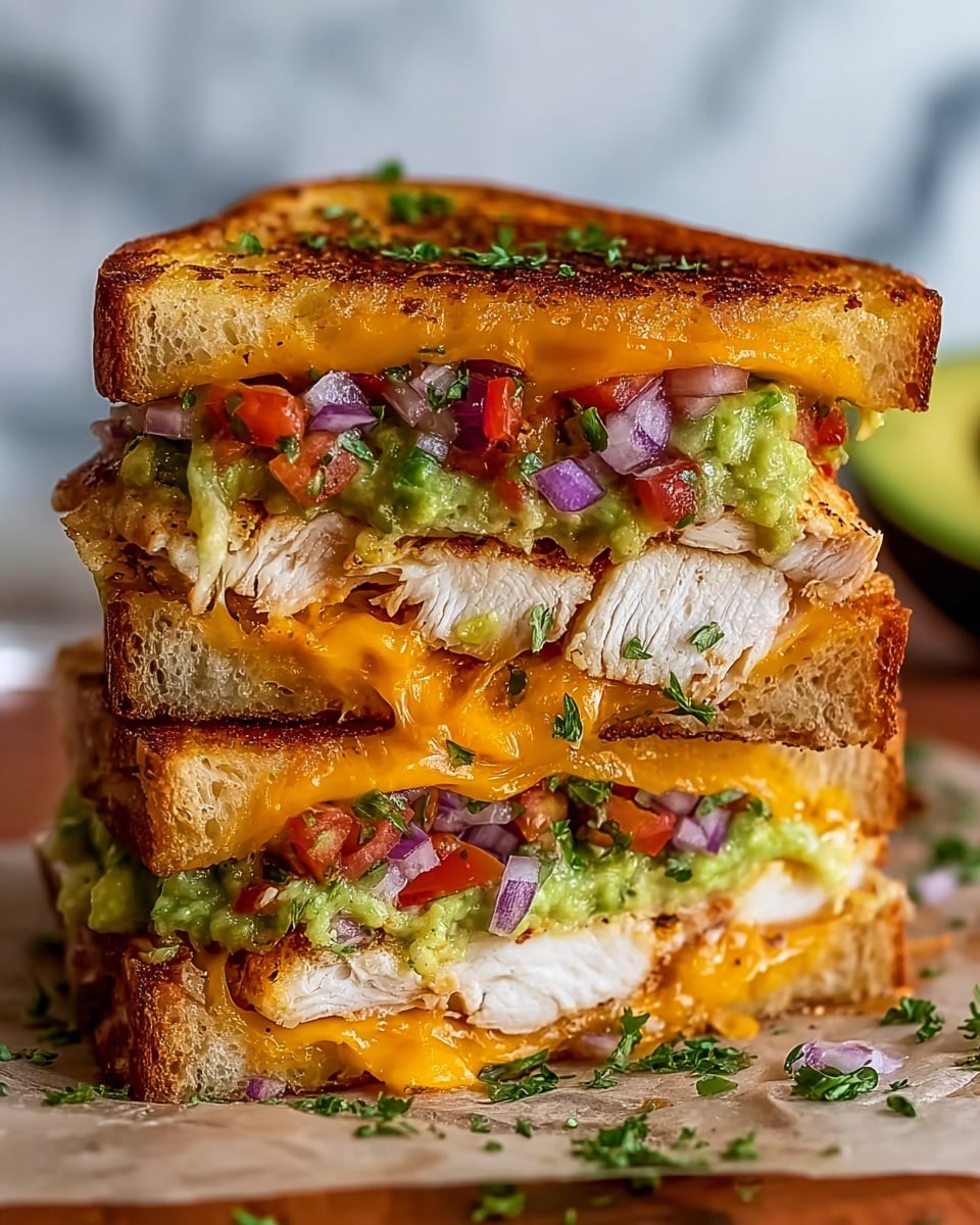 A close-up of a grilled sandwich cut diagonally into two halves, stacked on a wooden board with some chopped green herbs sprinkled around. The sandwich has three slices of golden-brown toasted bread with a crispy texture. Inside, there are several layers: the first layer is melted yellow cheese mixed with bits of red onion and green avocado slices; the second layer consists of shredded roasted chicken, lightly seasoned and juicy; the third layer has more melted cheese with herbs, diced tomato pieces, and creamy mashed avocado before the top slice of toasted bread. In the blurred background, more sandwich halves and crispy fries can be seen. The whole scene sits on a white marbled surface. Photo taken with an iphone --ar 4:5 --v 7