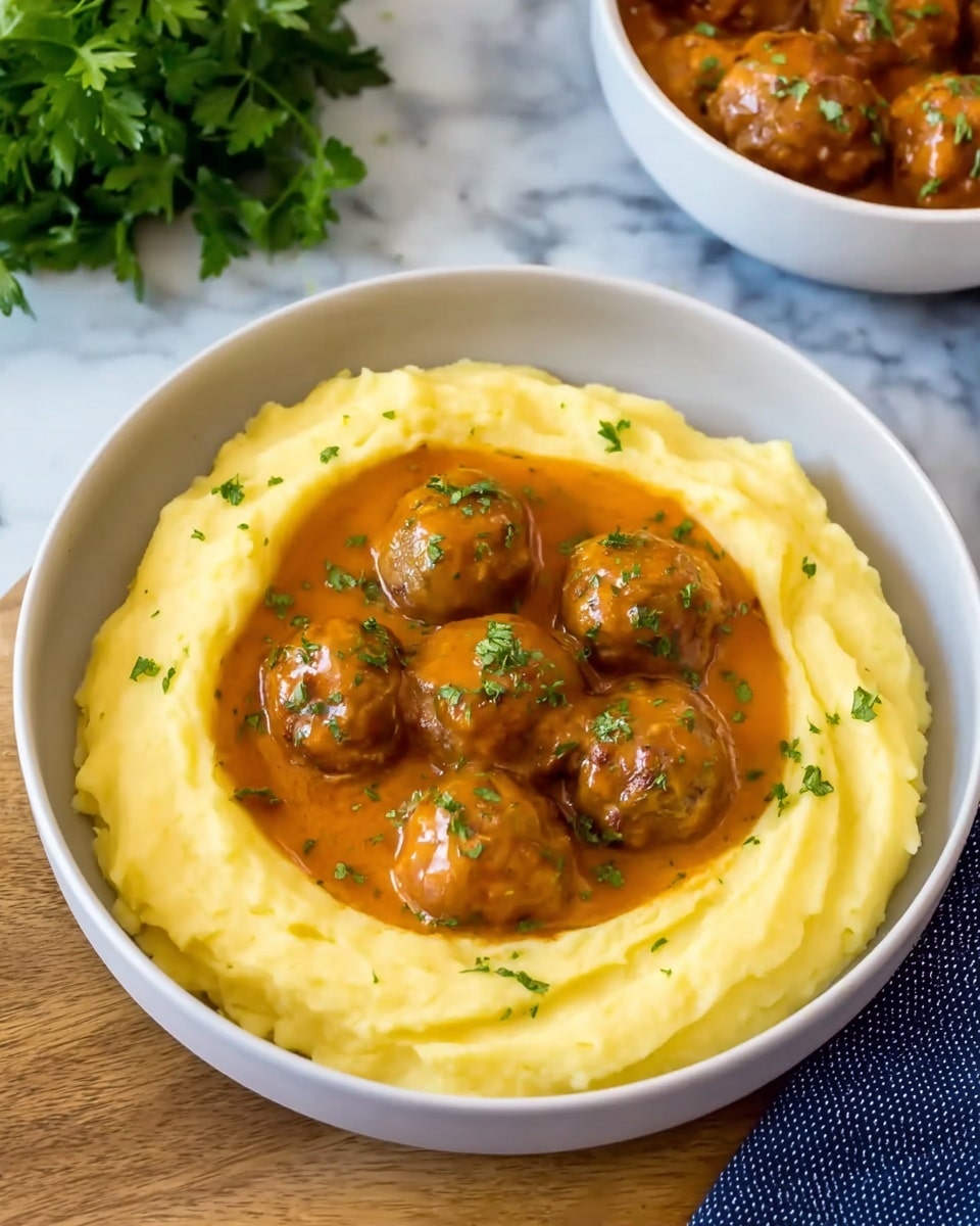 A white bowl filled with a smooth, creamy yellow layer of mashed potatoes, shaped with soft ridges around the edge to form a shallow well in the center. Inside the well, there are several round meatballs covered in a rich, glossy orange-brown sauce with small green herb pieces sprinkled on top. The bowl sits on a white marbled surface, with a bunch of fresh green herbs in the upper left corner and part of another white bowl filled with more meatballs in sauce visible in the top right. A folded navy-blue cloth lies near the bottom right of the image. Photo taken with an iphone --ar 4:5 --v 7