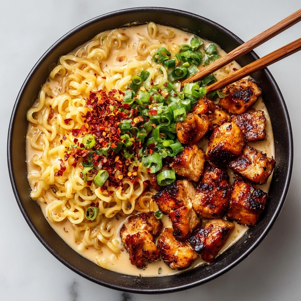 A black bowl filled with four main layers: cooked curly yellow noodles on the left, a thick creamy light beige sauce covering the noodles partly, topped with a bright red chili flakes sprinkle in the middle; right beside it are small diced grilled chicken pieces with a glossy, caramelized brown exterior, two wooden chopsticks lifting some of the chicken; chopped fresh green onions are scattered across the top right part, all resting on a shiny broth underneath. The photo is taken on a white marbled surface. photo taken with an iphone --ar 4:5 --v 7