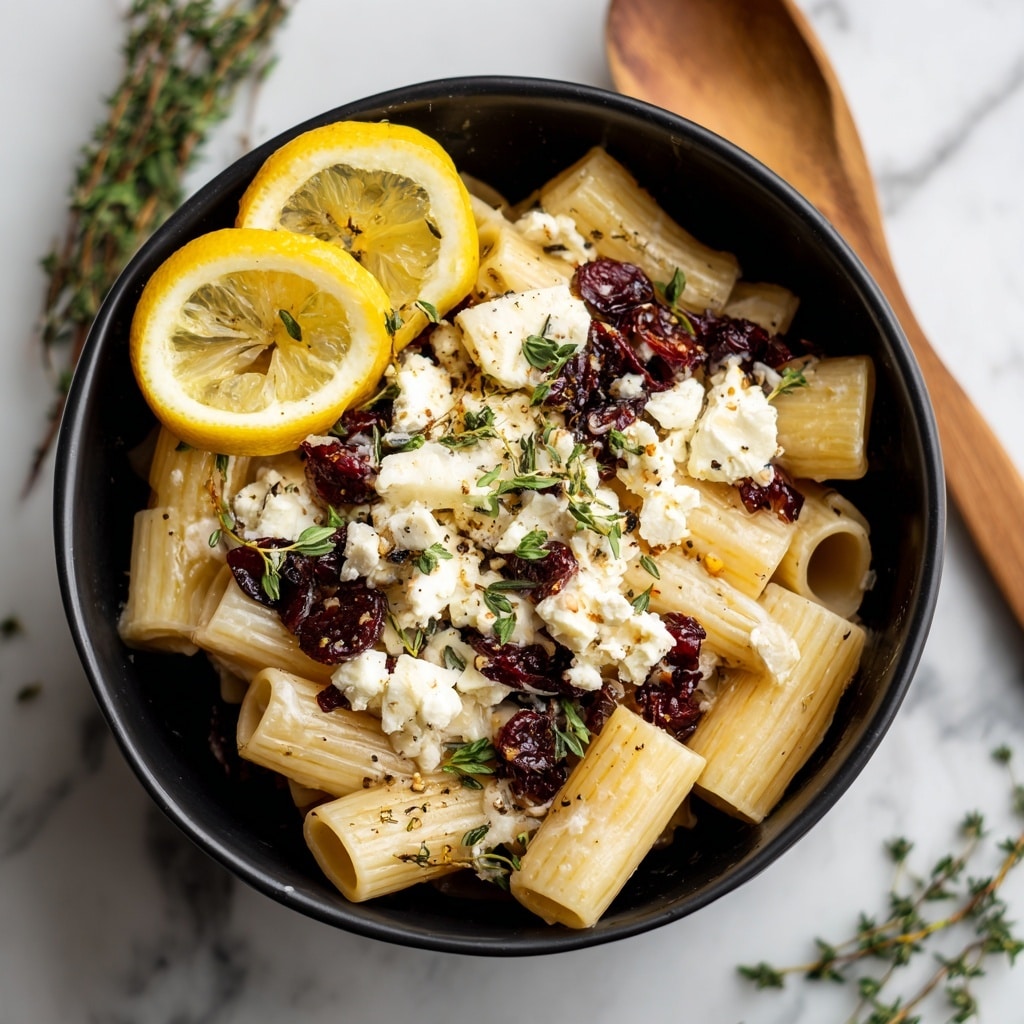 A black bowl holds a pasta dish with three main layers: the bottom layer is light-colored rigatoni pasta, the middle layer consists of dark red olives scattered around, and the top layer has uneven chunks of white cheese sprinkled with fresh green thyme leaves and herbs. Two lemon halves, bright yellow with visible pulp, sit atop the pasta, one near the top left and one near the bottom right. The background surface is a white marbled texture, with a wooden spoon partly visible on the top right. Small herb sprigs are scattered around the bowl. Photo taken with an iphone --ar 4:5 --v 7