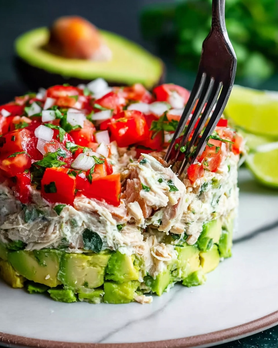 The image shows a halved avocado with dark green, rough skin and bright green flesh. Inside the avocado is a creamy white mixture, slightly chunky, with small red pieces scattered throughout, likely tomato. A silver fork is inserted into the mixture, lifting some of it. Behind the avocado, there is a green leaf for garnish, and in the background, there is another avocado half with a similar filling. The scene is set on a white marbled surface with some colorful pompom decorations in bright pink, yellow, and orange nearby. A white cloth with a blue edge is partially visible to the left. Photo taken with an iphone --ar 4:5 --v 7