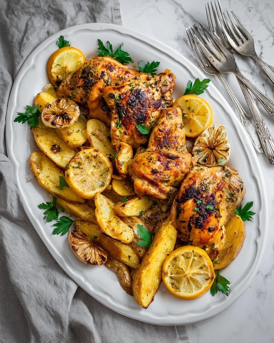 A white baking dish filled with eight pieces of golden-brown roasted chicken thighs arranged in two rows, each piece showing crispy and slightly charred skin with black pepper and herb specks. Around the chicken pieces are thin slices of bright yellow lemon and small green herb leaves, resting in a light layer of golden cooking juices. The dish is placed on a white marbled surface, with a warm and appetizing look. photo taken with an iphone --ar 4:5 --v 7