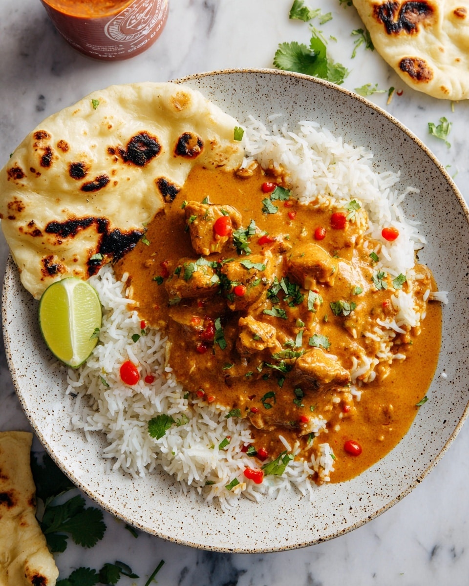 A white plate with a speckled pattern holds a dish of white rice topped with an orange-brown curry containing chunks of meat. The curry is garnished with small green cilantro leaves and dotted with a few drops of red hot sauce. On one side of the plate, a wedge of green lime sits on the rice, and a piece of white naan bread with charred black spots rests on the edge of the plate. Around the plate, a white marbled surface is visible with some scattered cilantro leaves, a bottle of hot sauce, and more pieces of naan bread partially in view. photo taken with an iphone --ar 4:5 --v 7