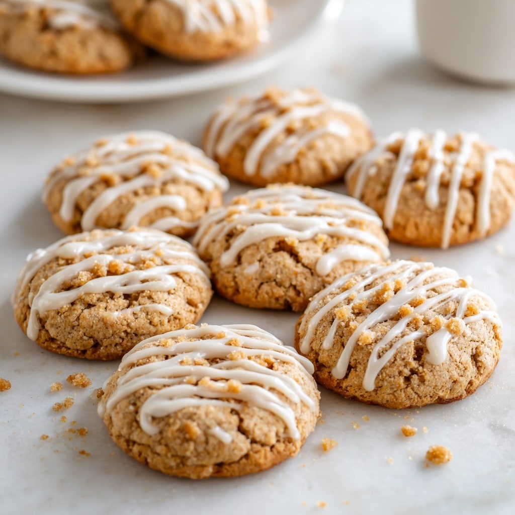 The image shows a close-up view of soft, round cookies with a crumbly texture on a white marbled surface. Each cookie has a light brown color with small crumbles on top, and there are thin white icing lines drizzled unevenly across the surface. In the background, there is a white plate with more cookies on it, slightly out of focus. The overall look is warm and inviting, with the cookies arranged casually and some crumbs visible nearby. Photo taken with an iphone --ar 4:5 --v 7