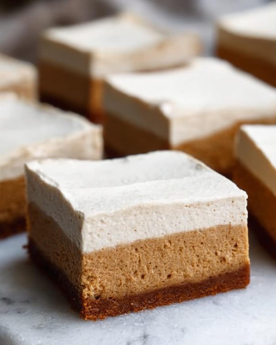 The image shows close-up squares of a two-layer dessert. The bottom layer is thick, dense, and brown, with a soft textured look. The top layer is light and creamy, off-white in color, smooth, and evenly spread over the brown base. The pieces are cut cleanly with sharp edges, sitting closely together on a white marbled surface. The focus is on the middle piece, showing clear contrast and texture between the thick brown bottom and the fluffy white top layer. photo taken with an iphone --ar 4:5 --v 7