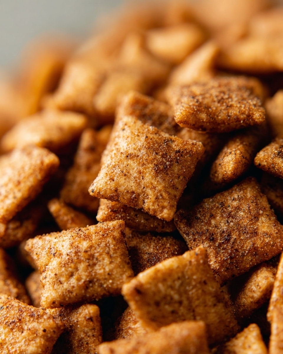A metal baking tray lined with white parchment paper holds one thick layer of square cereal pieces coated in a brown cinnamon sugar mix, covering the entire tray with some pieces scattered outside. On the top right section of the tray sits a tilted jar of SunButter sunflower butter with an orange cap and label, featuring a large sunflower graphic and text in white and orange. The tray is set on a white marbled surface with a small white bowl filled with brown sugar placed near the top edge of the image, slightly blurred in the background. Photo taken with an iphone --ar 4:5 --v 7