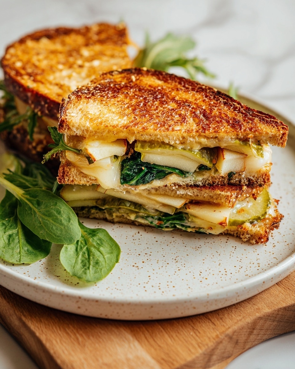 The image shows a close-up of a sandwich cut in half on a white speckled plate. The sandwich has three visible layers: a top layer of golden brown toasted bread with melted cheese, a middle layer of green leafy spinach and sliced pickles, and a bottom layer of thinly sliced apple with some grainy mustard spread on a lightly toasted bread slice. There are some fresh green leaves next to the sandwich on the plate, and the plate is placed on a wooden board with a white marbled texture background. Photo taken with an iphone --ar 4:5 --v 7