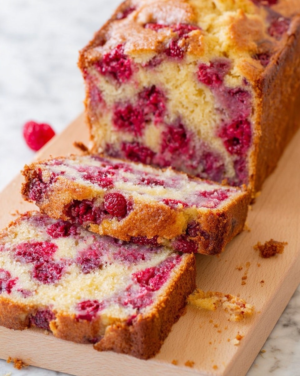 The image shows a loaf of berry bread sliced into six pieces, arranged in a slightly fanned-out stack on a light wooden board. The bread has a golden-brown crust with visible cracks and a soft, moist inside filled with bright red and purple berries scattered throughout each slice. The wooden board rests on a white marbled surface, and a knife with a silver blade and white handle is placed to the left of the board. Crumbs are scattered around the slices, adding to the fresh-baked feel. photo taken with an iphone --ar 4:5 --v 7