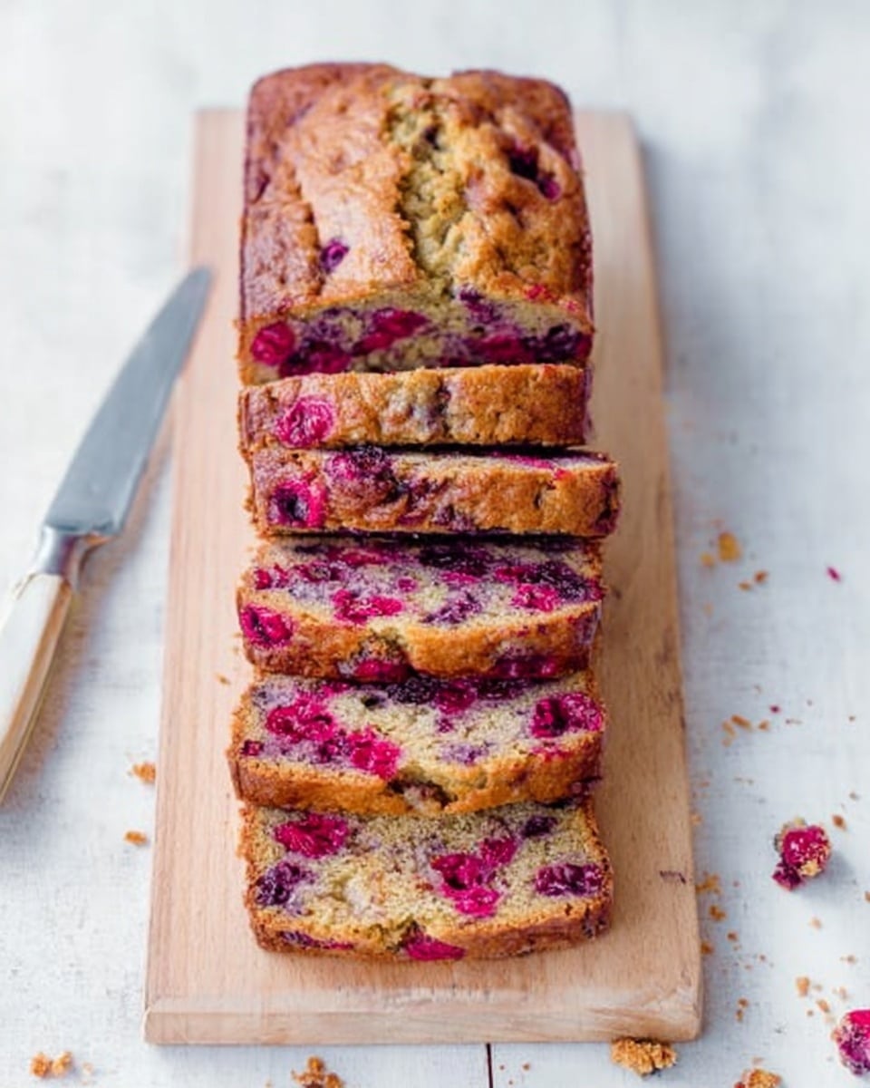A loaf of raspberry cake is shown on a light wooden board with a white marbled background. The cake is cut into slices, revealing a soft, light golden interior packed with bright red raspberries spread throughout each slice. The outer crust is slightly darker brown and looks crisp. The texture of the cake inside appears moist and crumbly with the raspberries creating small pockets of rich pink color. Some crumbs are scattered around the board, adding to the fresh-baked look. Photo taken with an iphone --ar 4:5 --v 7