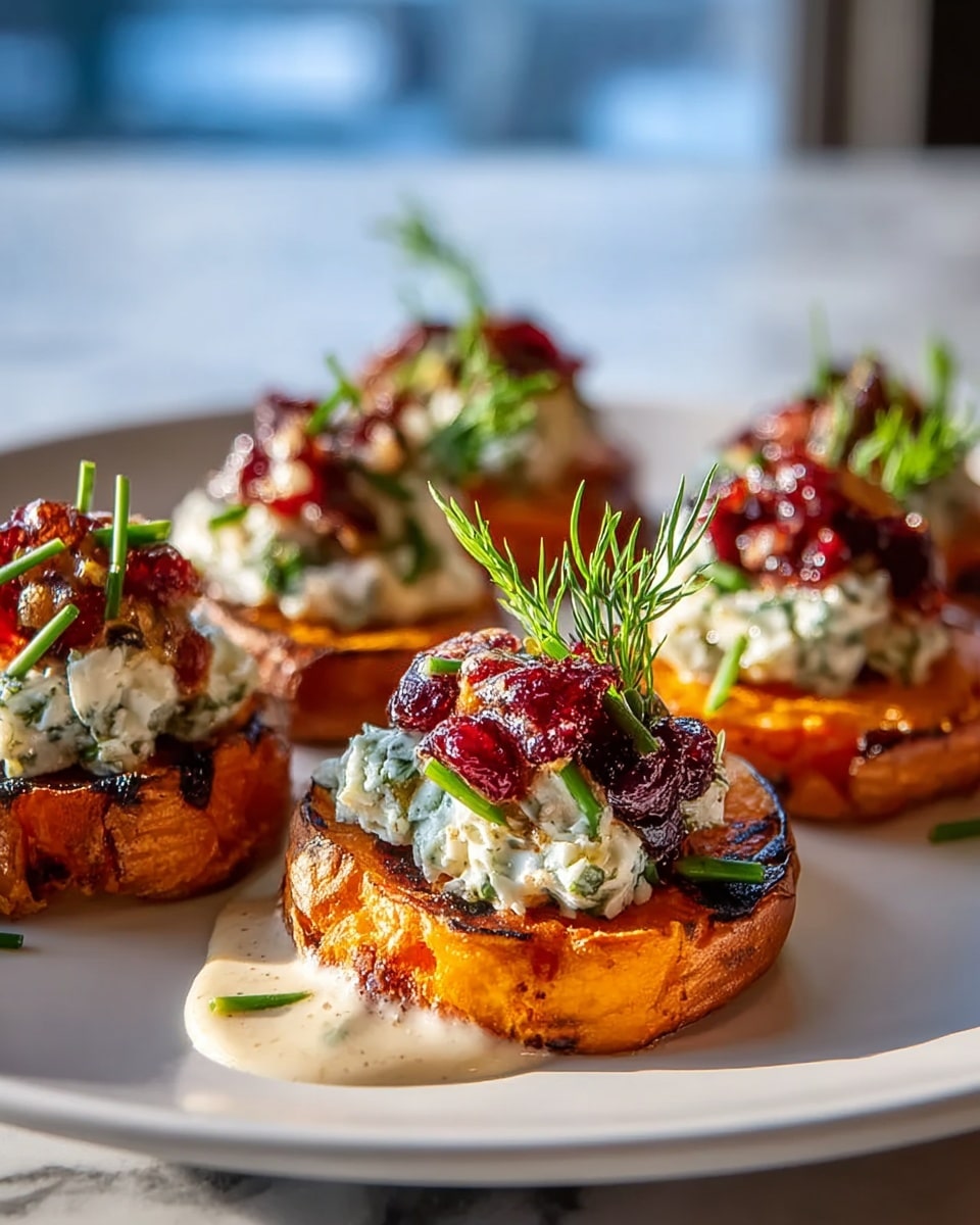 The dish shows several round grilled sweet potato slices arranged on a white plate, each with a slightly charred orange surface as the base layer. On top of each slice is a creamy white dollop of herb cheese spread, mixed with green herb specks. Over the cheese, there is a bright red cranberry sauce layer adding a shiny, chunky texture. The top is finished with small green chives and a sprig of fresh dill, adding a fresh green color contrast. A light creamy sauce drips down the front sweet potato slice onto the plate. The background has a soft blurred white marbled texture. photo taken with an iphone --ar 4:5 --v 7