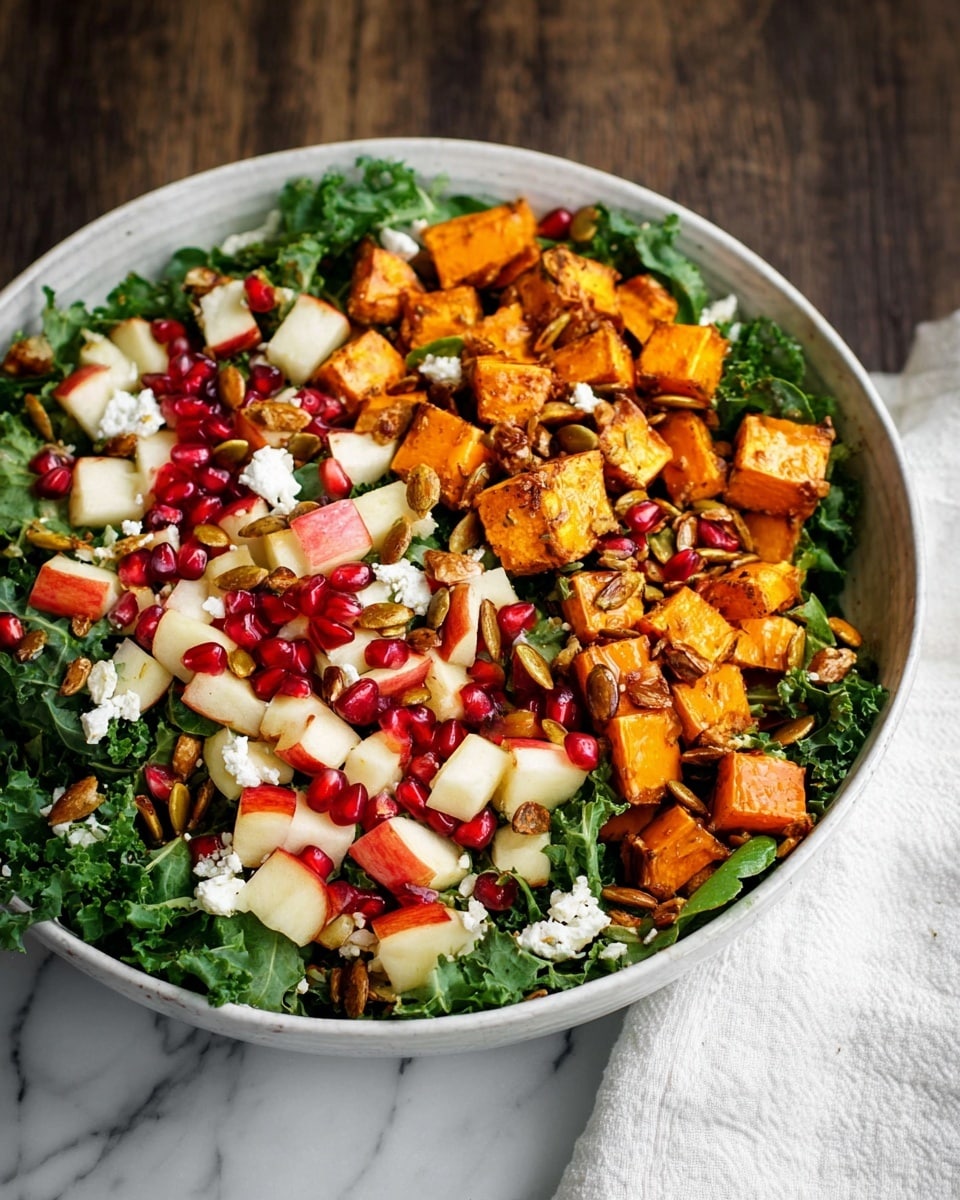 A colorful salad is shown in a white bowl on a white marbled surface. The bottom layer consists of fresh dark green leafy kale with curly edges. Scattered on top are bright orange roasted sweet potato cubes with a slightly crispy texture. There are chunks of red and white apple pieces with smooth skin mixed throughout. Small, shiny red pomegranate seeds add bright spots of color. Light brown pumpkin seeds with a toasted look are also sprinkled evenly. Small crumbles of white feta cheese add texture and contrast, spread all over the salad. Photo taken with an iphone --ar 4:5 --v 7