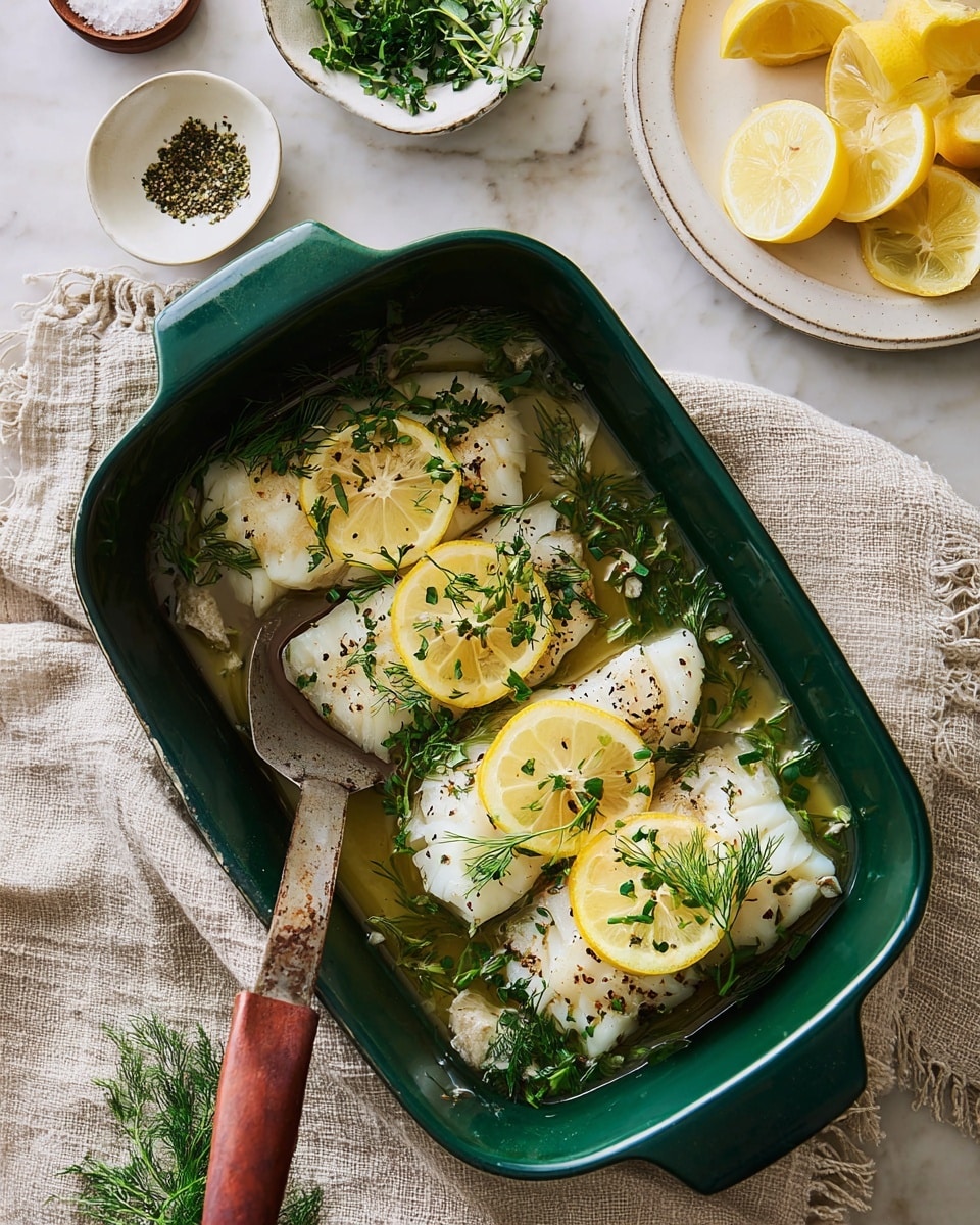 A dark green baking dish holds four white fish fillets arranged in two rows of two, each topped with two thin yellow lemon slices. Bright green herbs like parsley and dill, along with some sprigs of thyme, are scattered over the fish and lemon, adding texture and color contrast. The fillets sit in a light broth with visible black pepper flakes sprinkled on top. A silver spatula with a worn red handle rests inside the dish, ready to serve. Surrounding the dish, there is a white marbled surface covered by a textured beige cloth, with small white bowls holding coarse salt and fresh green herbs, and a white plate in the corner holding more lemon wedges. photo taken with an iphone --ar 4:5 --v 7