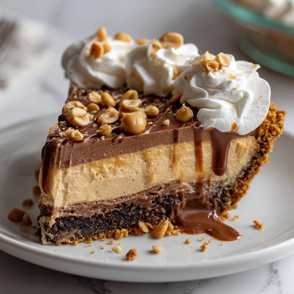 A rich chocolate pie is shown with one slice removed, revealing three layers inside: a dark brown crumbly base, a thick creamy light brown middle, and a smooth darker brown top layer. The top is decorated with white swirls of whipped cream evenly spaced around the edge, with whole peanuts and small chunks of chocolate scattered between the swirls along with crushed nuts. The pie is in a clear glass dish with some melted chocolate dripping down the side. The background is a white marbled texture. Photo taken with an iphone --ar 4:5 --v 7
