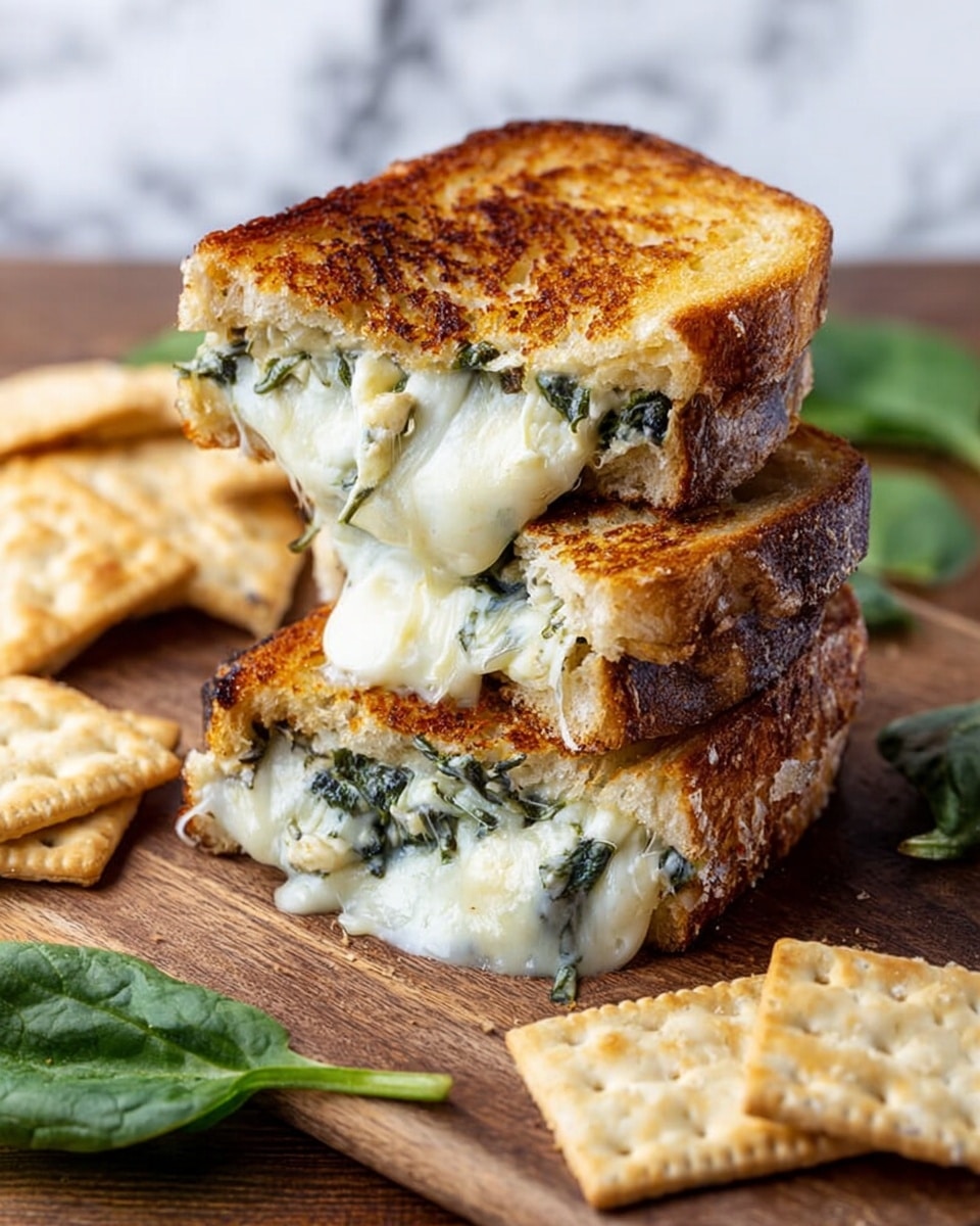 The image shows a stack of three grilled cheese sandwiches on a wooden board, each sandwich cut in half to show the melted cheese inside with green spinach pieces mixed through it. The bread is golden brown with a crispy texture on the outside. One sandwich half is resting on top of two others, slightly tilted, revealing the gooey white cheese stretching out. There are light-colored square crackers scattered beside the sandwiches on the board with some fresh spinach leaves nearby. The background is a white marbled surface. Photo taken with an iphone --ar 4:5 --v 7
